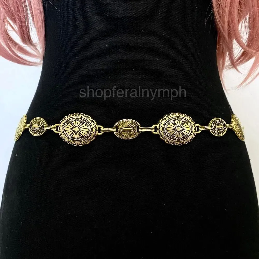 Antique Gold Boho Concho Medallion Waist Chain Belt, Fits 23-38 Inches, X7GA1348